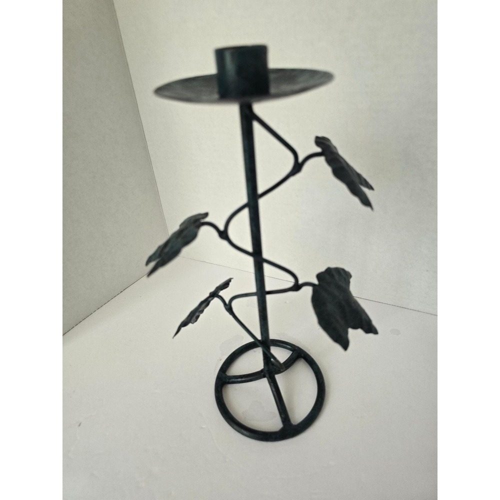 Vintage Style Black/Dark Green Metal Candle Holder with Leaf Design